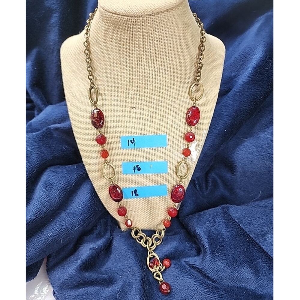 Premier Design Cranberry Bronze Tone Beaded Adj Necklace Oval Charm Pendant